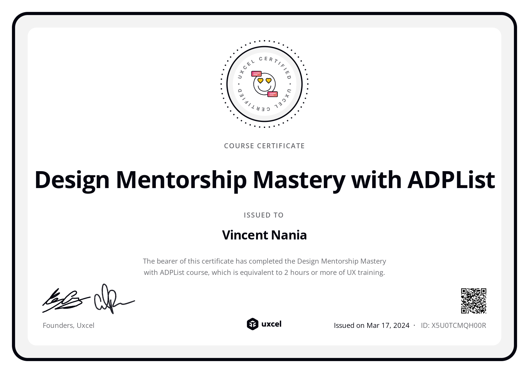 Vincent Nania's certificate